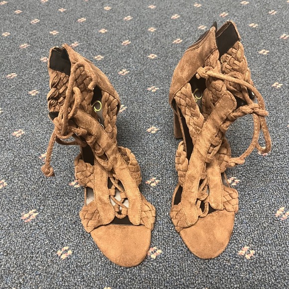So Me Womens Sz 7.5 Sarah Lace Up High Heel Sandals‎ Taupe Shoes Braided Suede - Picture 2 of 10